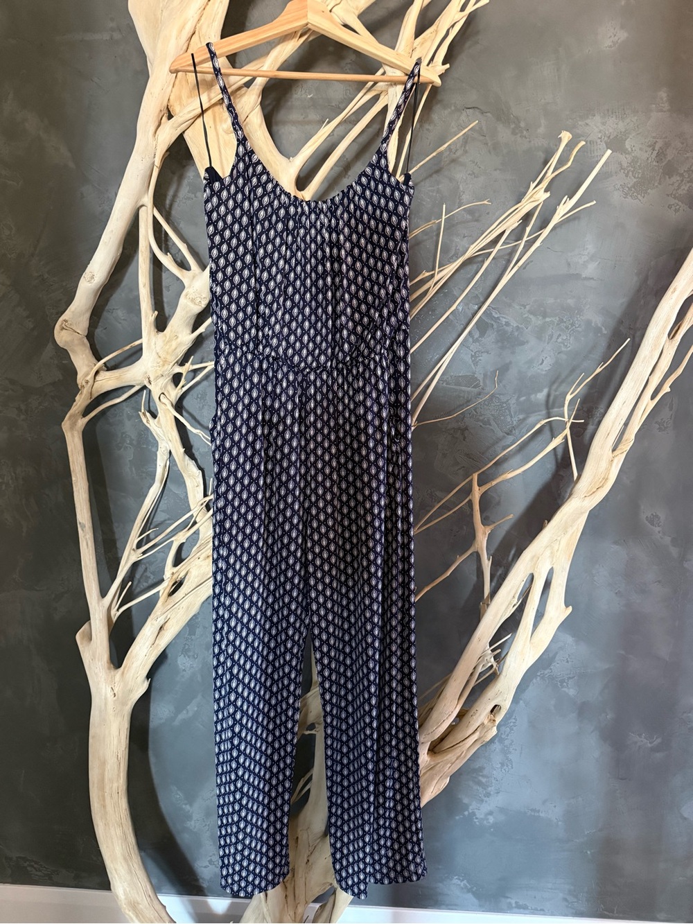 Kaileigh Navy Printed Spaghetti-Strap Wide Leg Jumpsuit